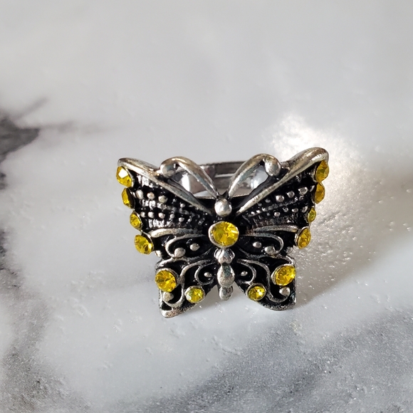 Yellow Butterfly Silver Tone Adjustable Band Ring 💥3 for $24💥 - Picture 4 of 11